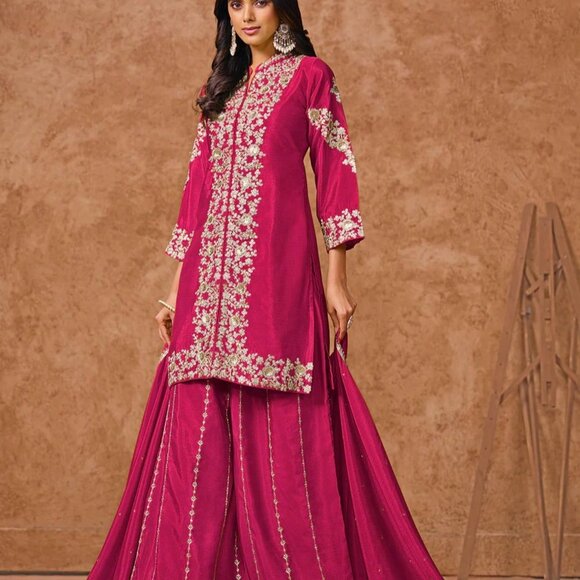 Pink Chinnon Silk Festive Embroidered Palazzo Style Suit - Picture 1 of 4